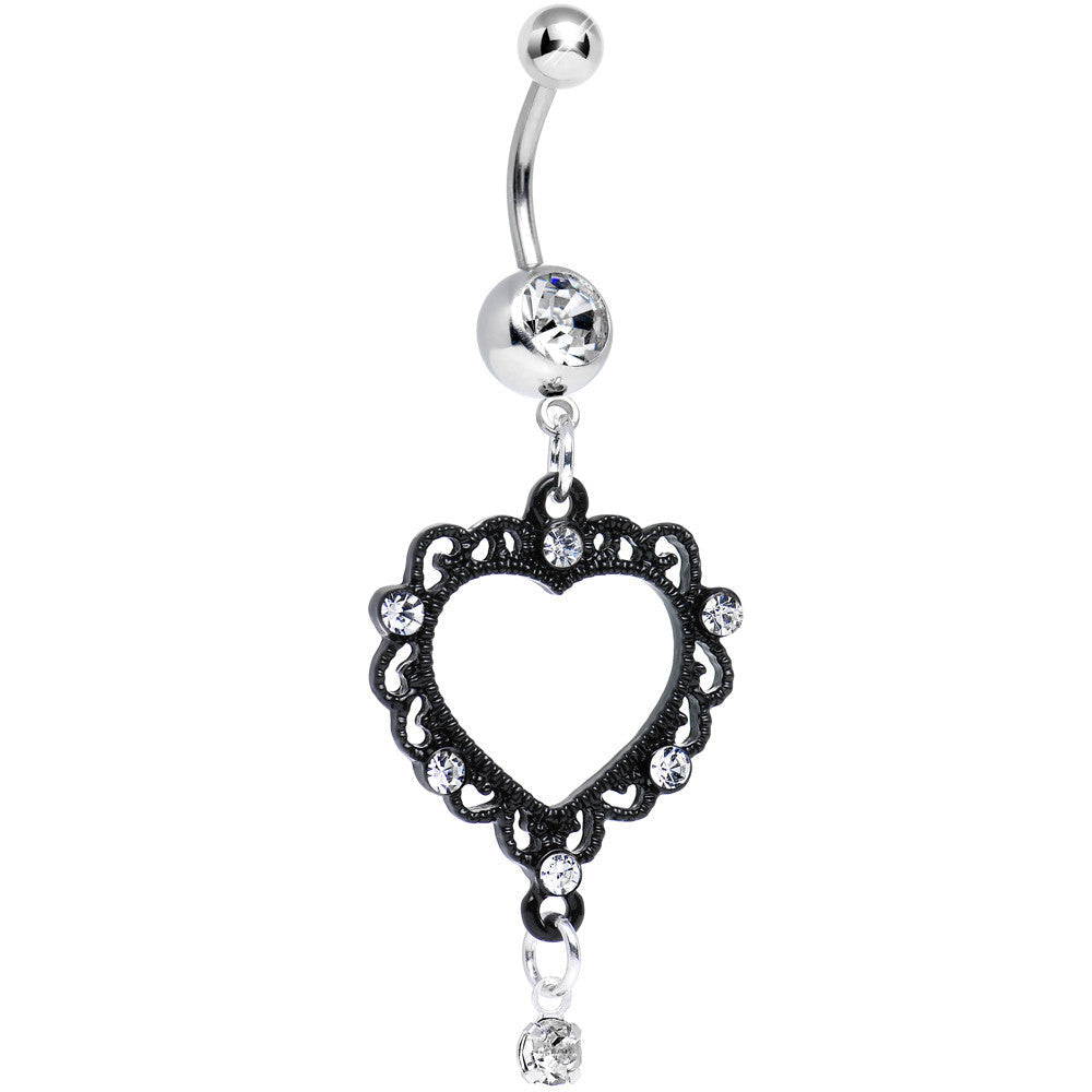 Clear Gem Dark Lace Trimmed Vintage Heart Dangle Belly Ring
