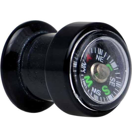 Acrylic Black Find Your Direction Compass Screw Fit Plug 0G to 1"