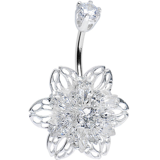 925 Sterling Silver Clear CZ 3D Bursting Flower Belly Ring
