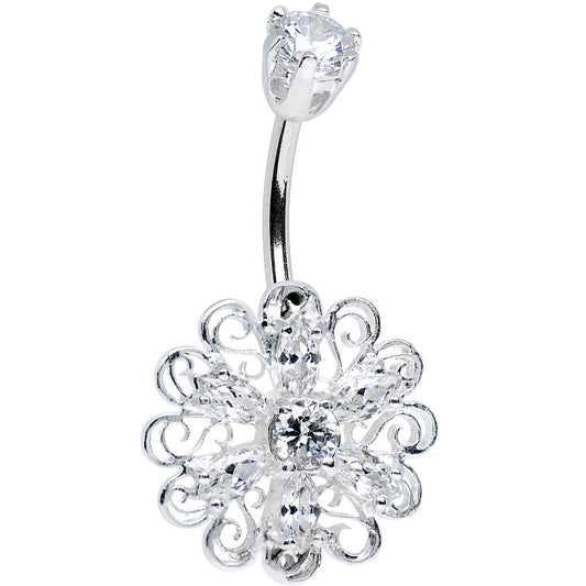 925 Sterling Silver Clear CZ Kaleidoscope Flower Belly Ring