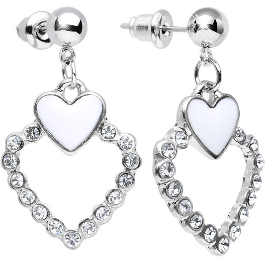Clear Gem Bright Brim Hollow Heart Dangle Post Earrings