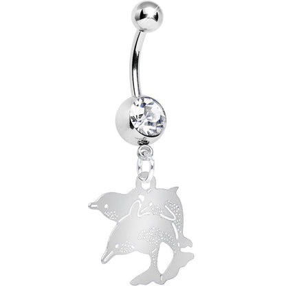 Clear Gem Family of Dolphins Dangle Belly Ring