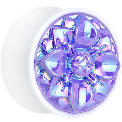 White Acrylic Pretty Purple Pearlescent Flower Saddle Plug Available in Sizes 0G to 25mm