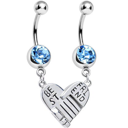 Aqua Gem Holding Hands Best Friend Heart Dangle Belly Ring Set
