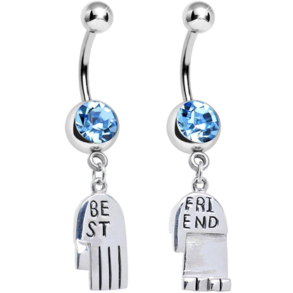 Aqua Gem Holding Hands Best Friend Heart Dangle Belly Ring Set