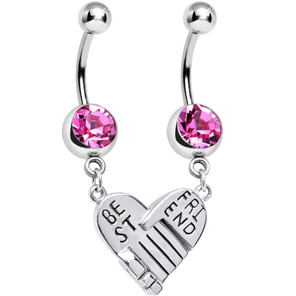 Pink Gem Holding Hands Best Friend Heart Dangle Belly Ring Set