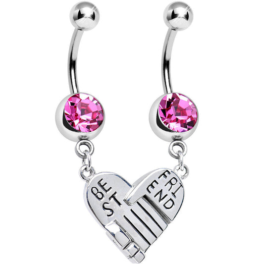 Pink Gem Holding Hands Best Friend Heart Dangle Belly Ring Set