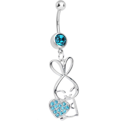 Aqua Cubic Zirconia Hugging Heart Bunny Dangle Belly Ring