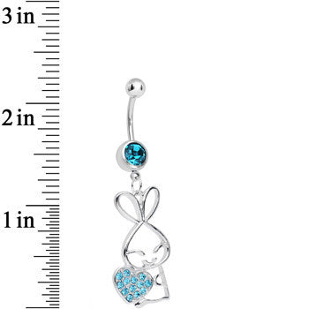 Aqua Cubic Zirconia Hugging Heart Bunny Dangle Belly Ring