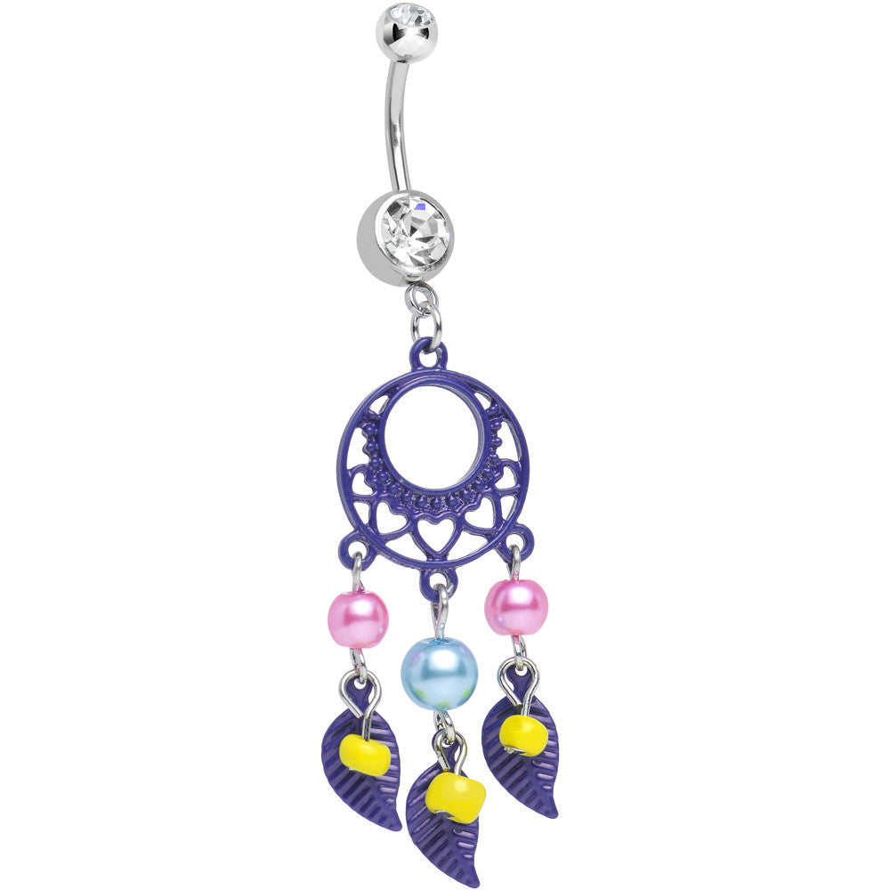 Clear Double CZ Pearly Feathers Purple Dreamcatcher Dangle Belly Ring