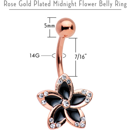 Clear Gem Rose Gold Plated Midnight Pitch Flower Belly Ring