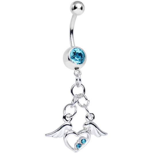 Aqua Gem Elevated Love Winged Heart Dangle Belly Ring