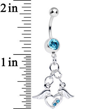 Aqua Gem Elevated Love Winged Heart Dangle Belly Ring