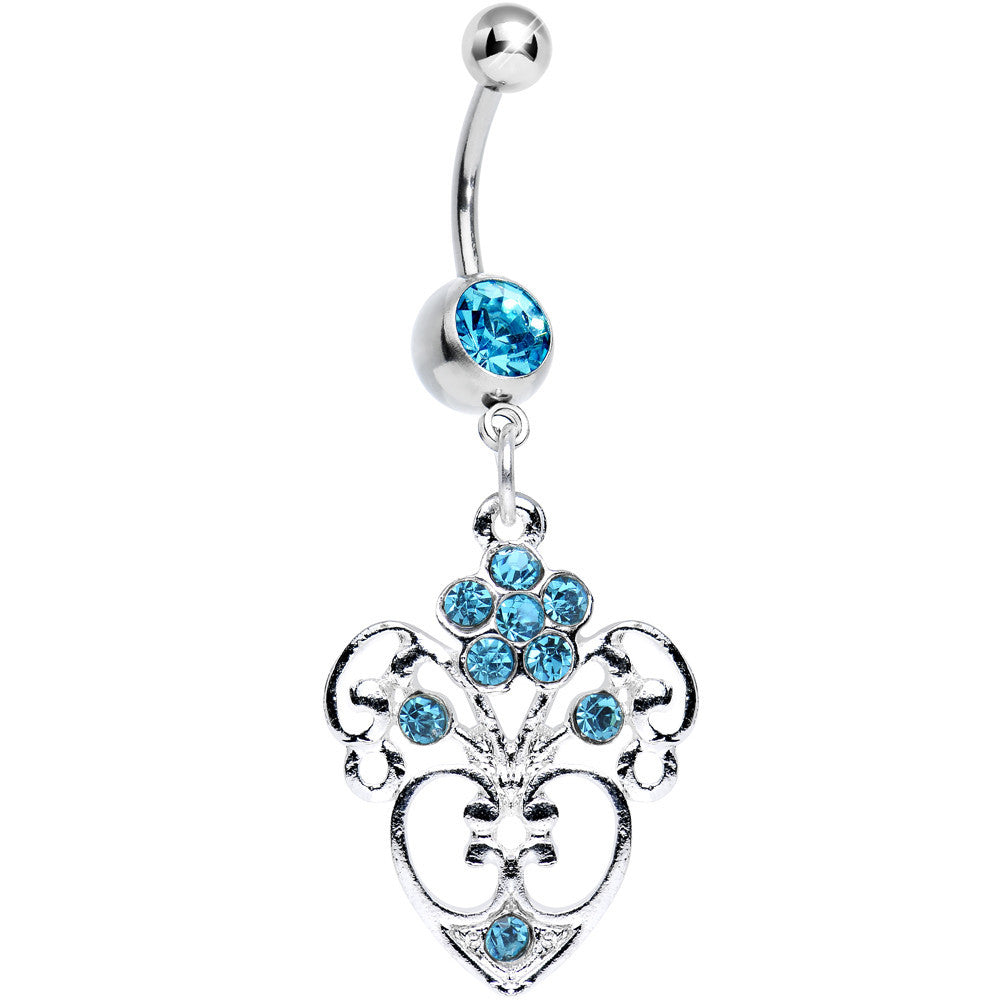 Aqua Gem Flowering Heart Dangle Belly Ring