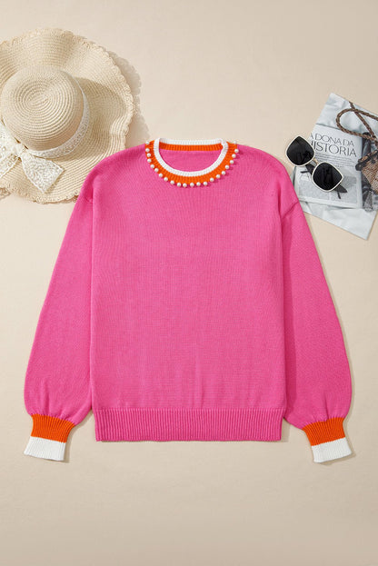 Sachet Pink Contrast Crew Neck Pearled Decor Drop Shoulder Knit Sweater - Jaico Online Shop