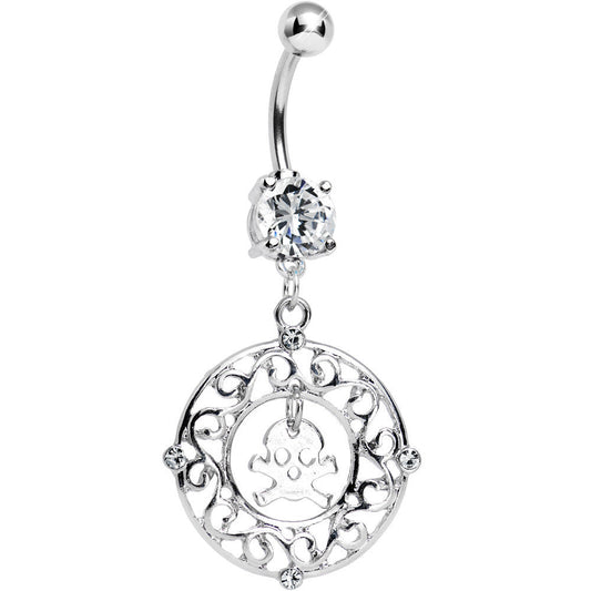 Clear Gem Fancy Framed Skull and Crossbones Dangle Belly Ring