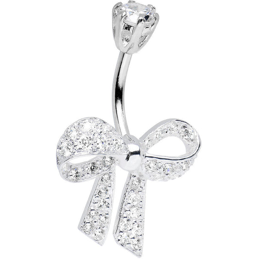 925 Sterling Silver Clear CZ Sparkling Shoestring Bow Tie Belly Ring