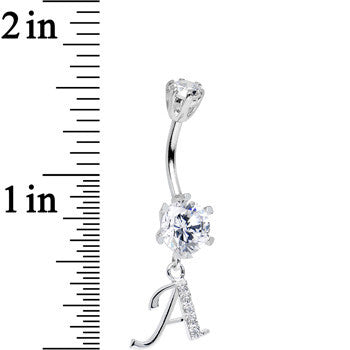 925 Sterling Silver Clear CZ Ornate Script Initial A Dangle Belly Ring