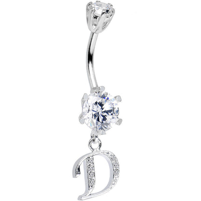 925 Sterling Silver Clear CZ Ornate Script Initial D Dangle Belly Ring