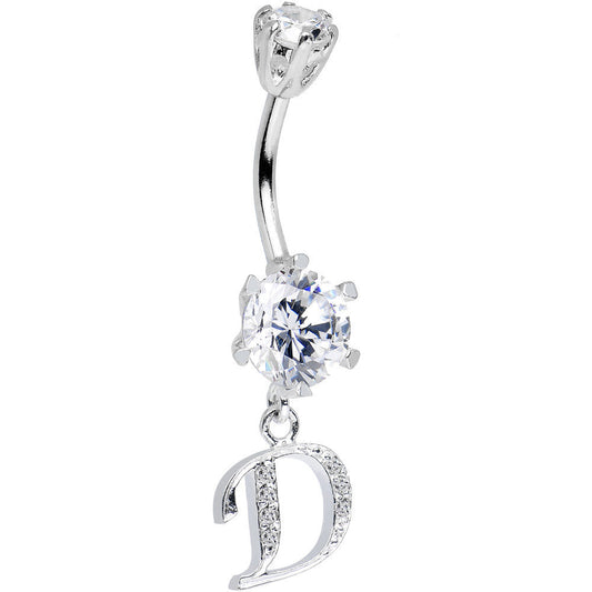 925 Sterling Silver Clear CZ Ornate Script Initial D Dangle Belly Ring