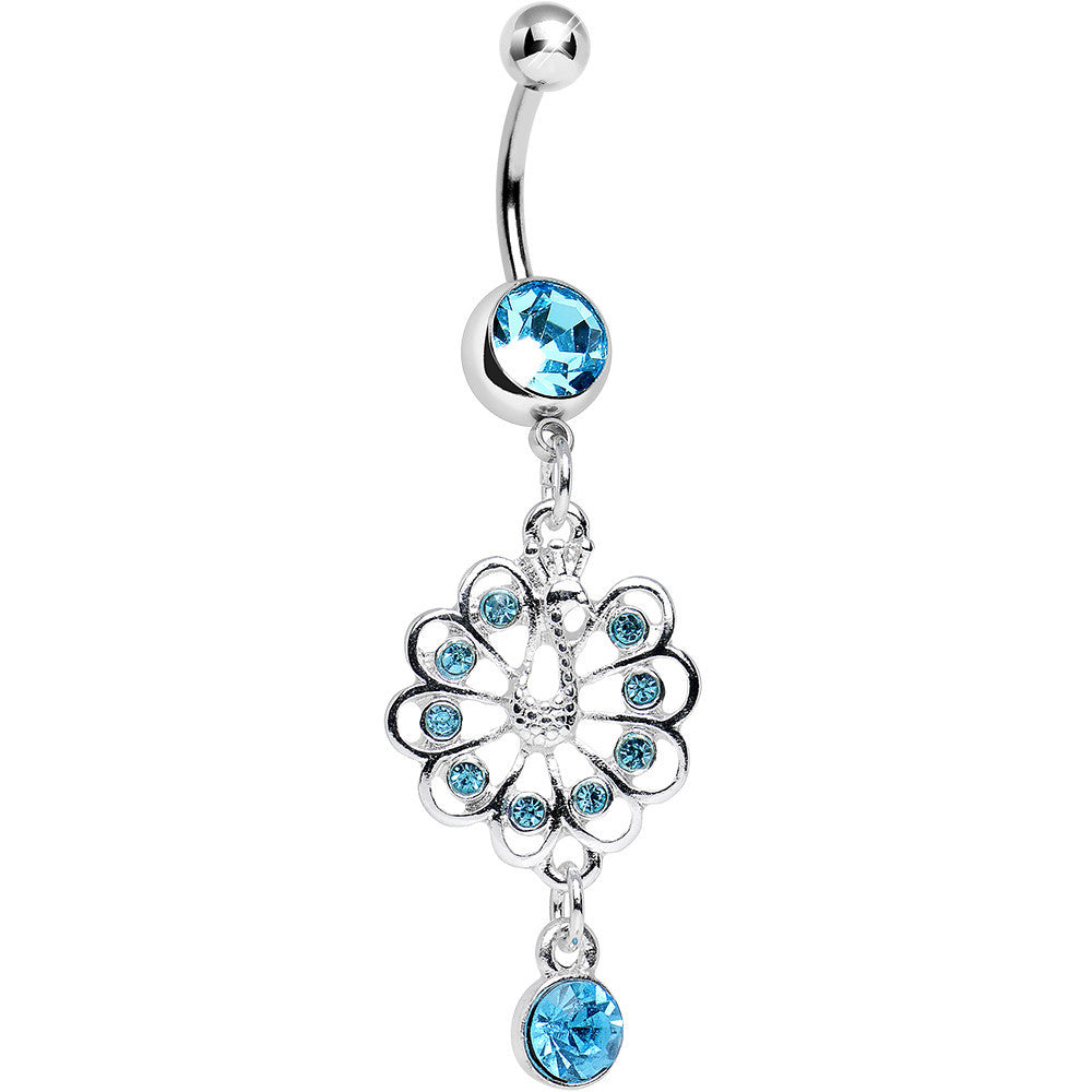 Aqua Gem Enchanted Open Tail Peacock Dangle Belly Ring