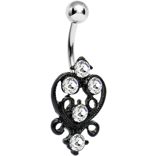 Clear Gem Cornucopia of Curlicues Black Heart Belly Ring