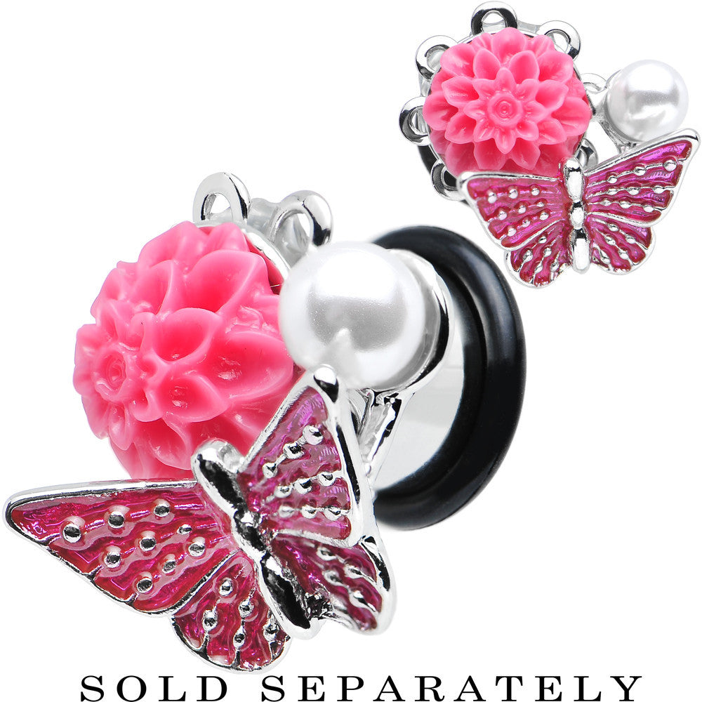 00G Pink Acrylic Flower Pink Butterfly Single Flare Steel Plug