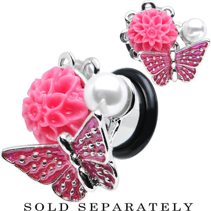 00G Pink Acrylic Flower Pink Butterfly Single Flare Steel Plug