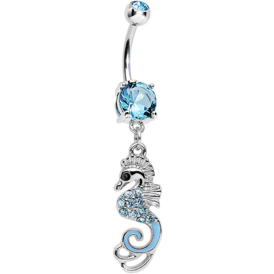 Aqua Cubic Zirconia Glamorous Seahorse Dangle Belly Ring