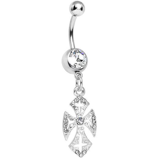 Clear Gem Ornate Heavenly Cross Dangle Belly Ring