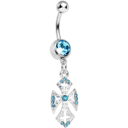 Aqua Gem Ornate Heavenly Cross Dangle Belly Ring