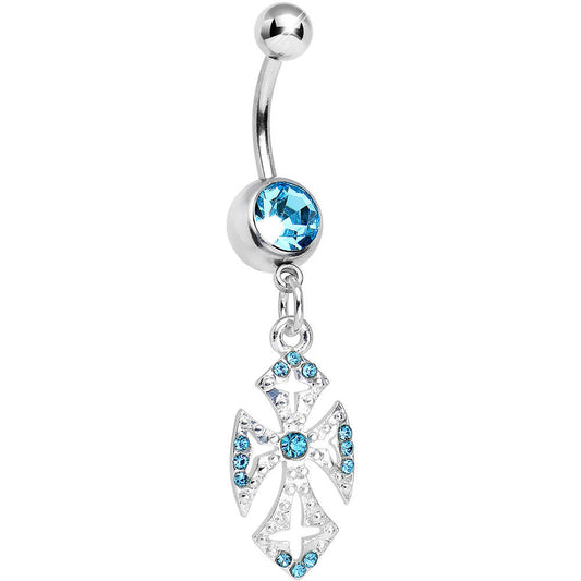 Aqua Gem Ornate Heavenly Cross Dangle Belly Ring