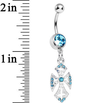 Aqua Gem Ornate Heavenly Cross Dangle Belly Ring
