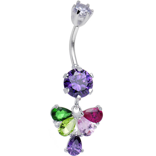 925 Sterling Silver Multi CZ Fluttering Butterfly Dangle Belly Ring