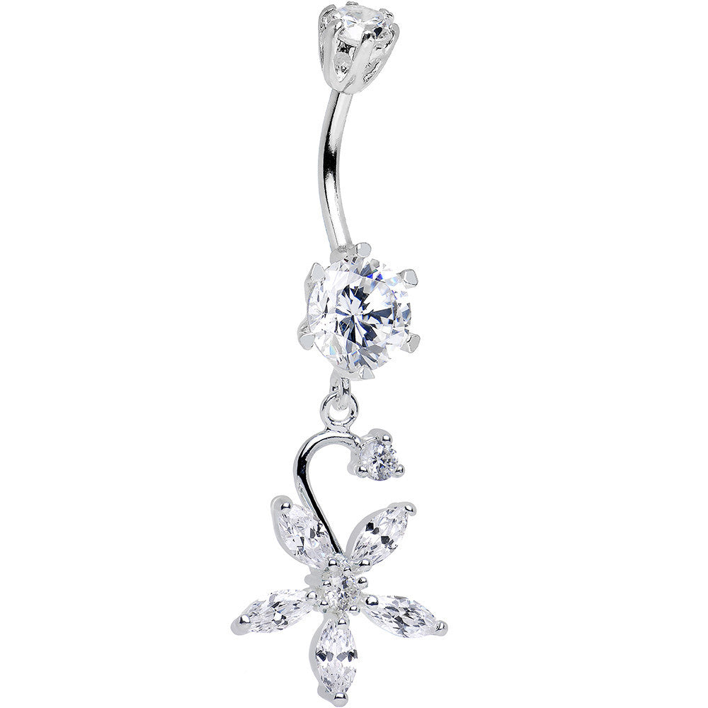 925 Sterling Silver Clear CZ Five Petal Flower Dangle Belly Ring