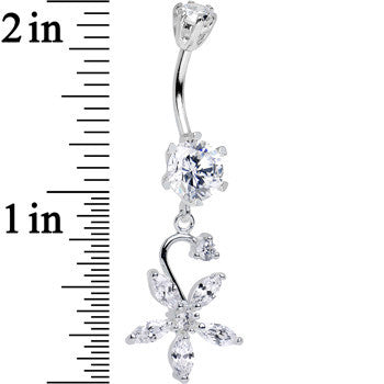 925 Sterling Silver Clear CZ Five Petal Flower Dangle Belly Ring