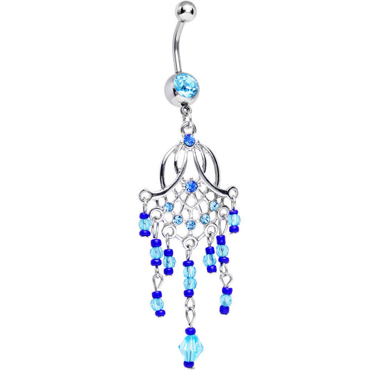Aqua Blue Cubic Zirconia Beaded Web Chandelier Belly Ring