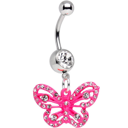 Clear Gem Pink Fluttering Butterfly Dangle Belly Ring