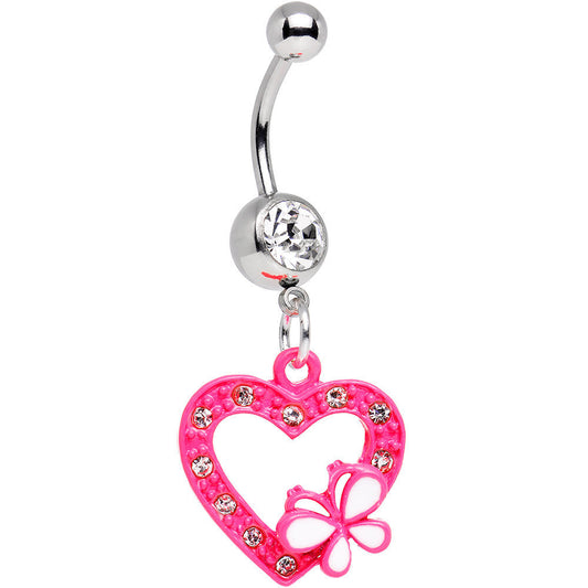 Clear Gem White Butterfly Loving Heart Dangle Belly Ring