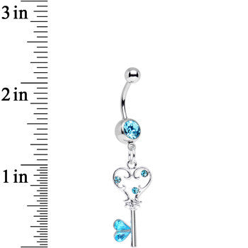 Aqua Gem Fancy Curlicue Heart Key Dangle Belly Ring