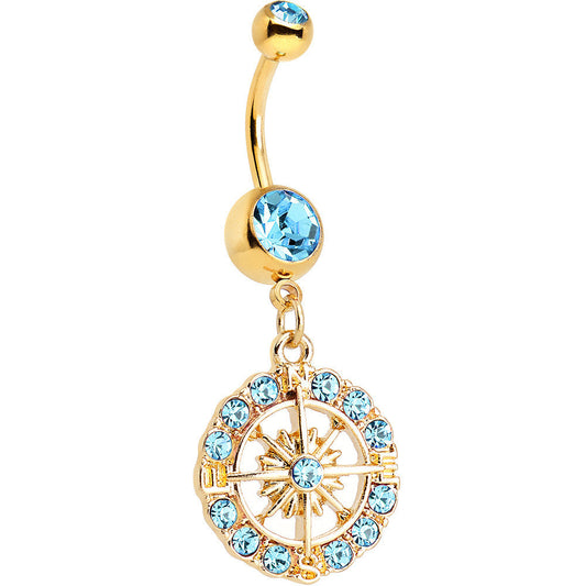 Aqua Gem Gold Plated Brilliant Sunburst Flower Dangle Belly Ring