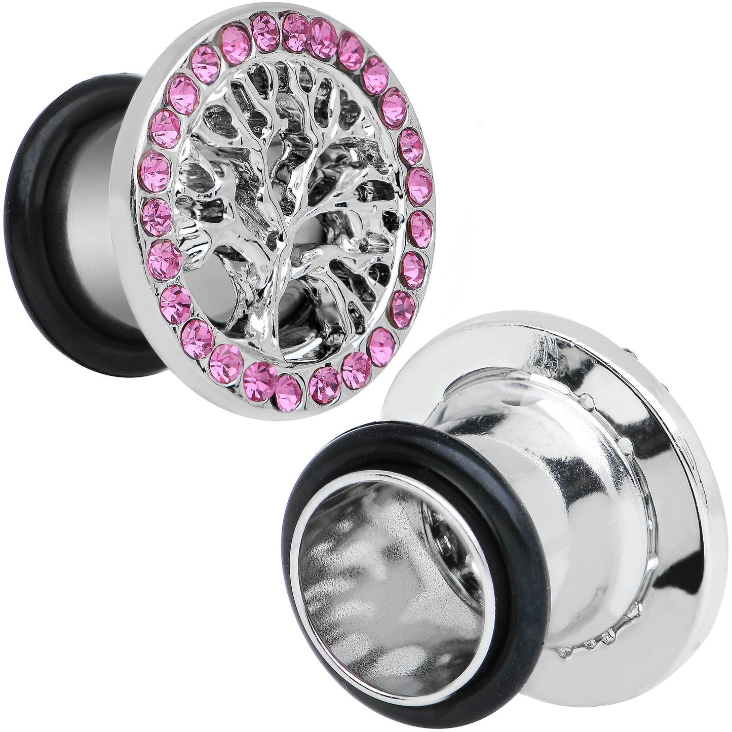 00G Pink Gem Stainless Steel Single Flare Tree of Life Plug Set