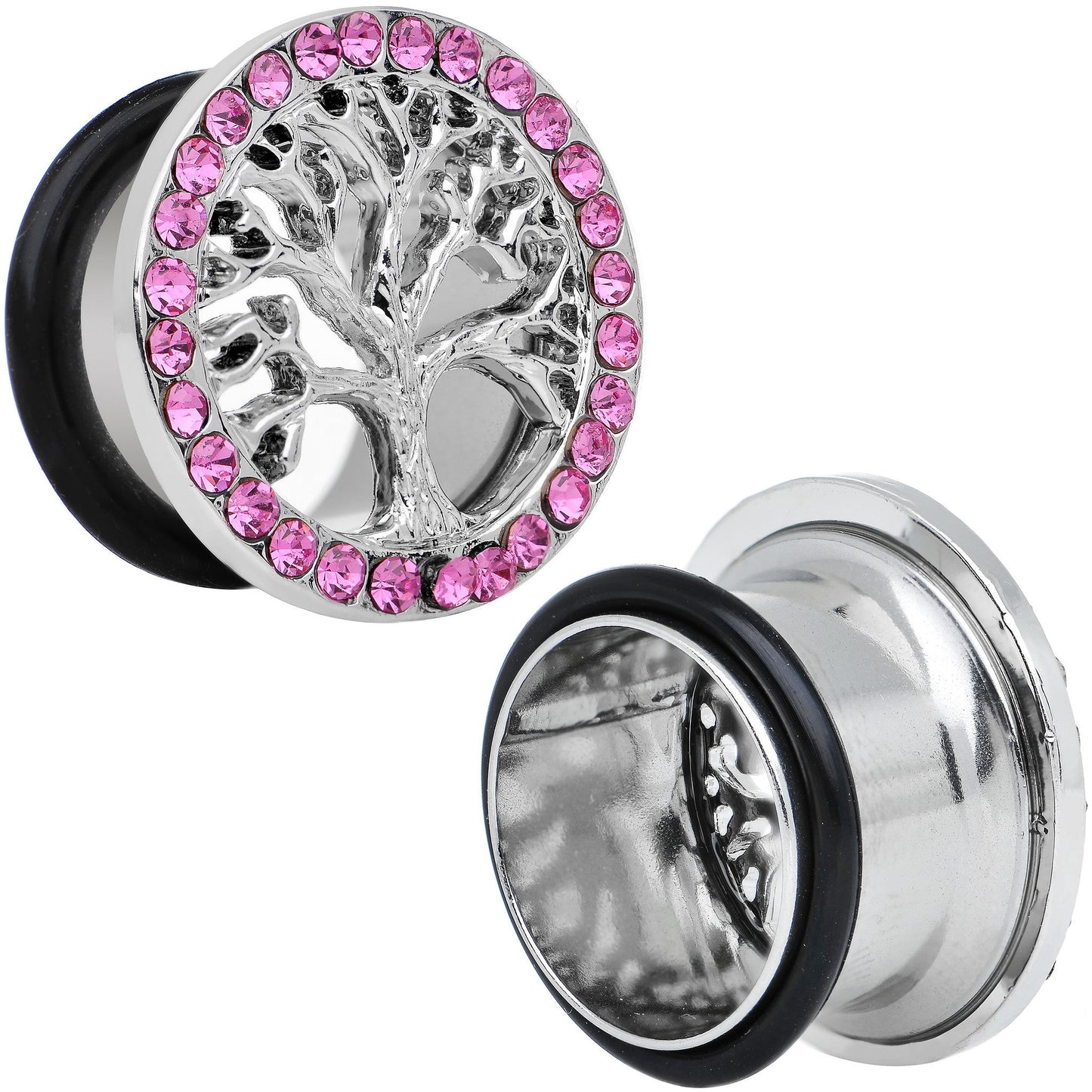 5/8 Pink Gem Stainless Steel Single Flare Tree of Life Plug Set