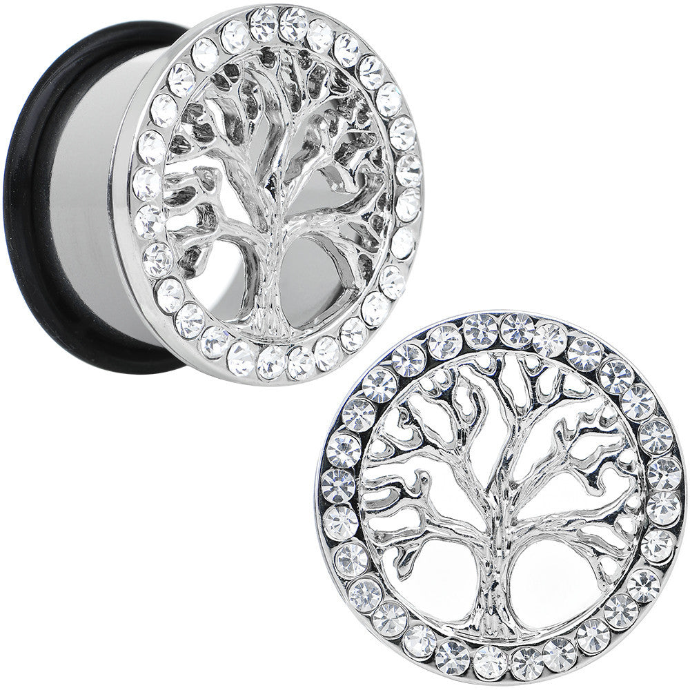11/16 Clear Gem Stainless Steel Single Flare Tree of Life Plug Set