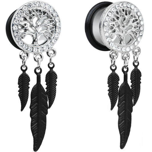 9/16 Clear Gem Steel Single Flare Tree of Life Dangle Plug Set