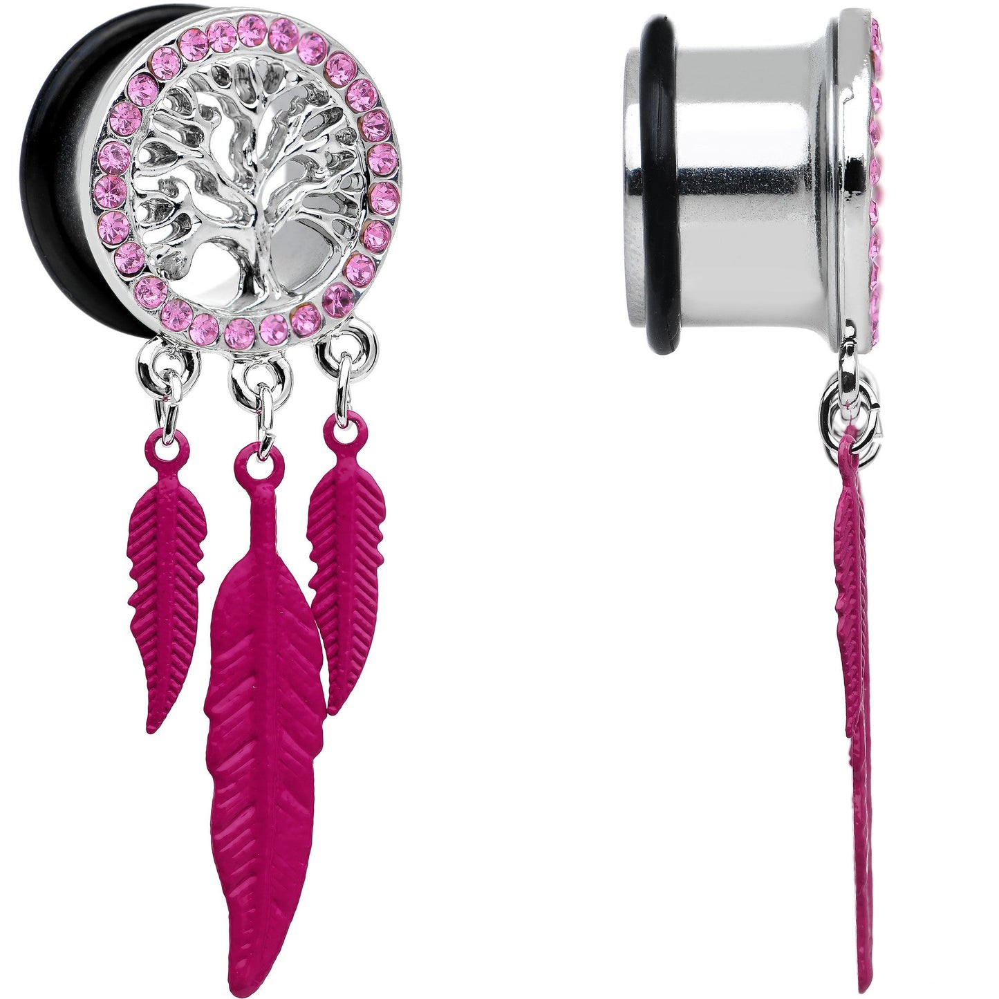 9/16 Pink Gem Steel Single Flare Tree of Life Dangle Plug Set