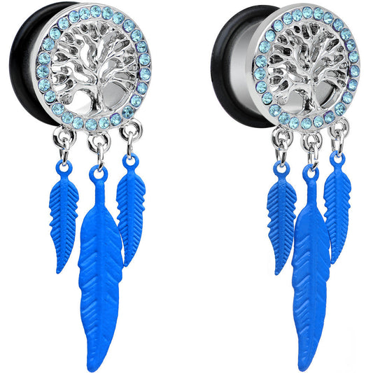 9/16 Blue Gem Steel Single Flare Tree of Life Dangle Plug Set
