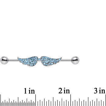 Blue Gem Encrusted Angel Wings Industrial Barbell 44mm