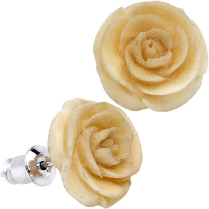 Organic Off White Wood Hand Carved Rosebud Stud Earrings