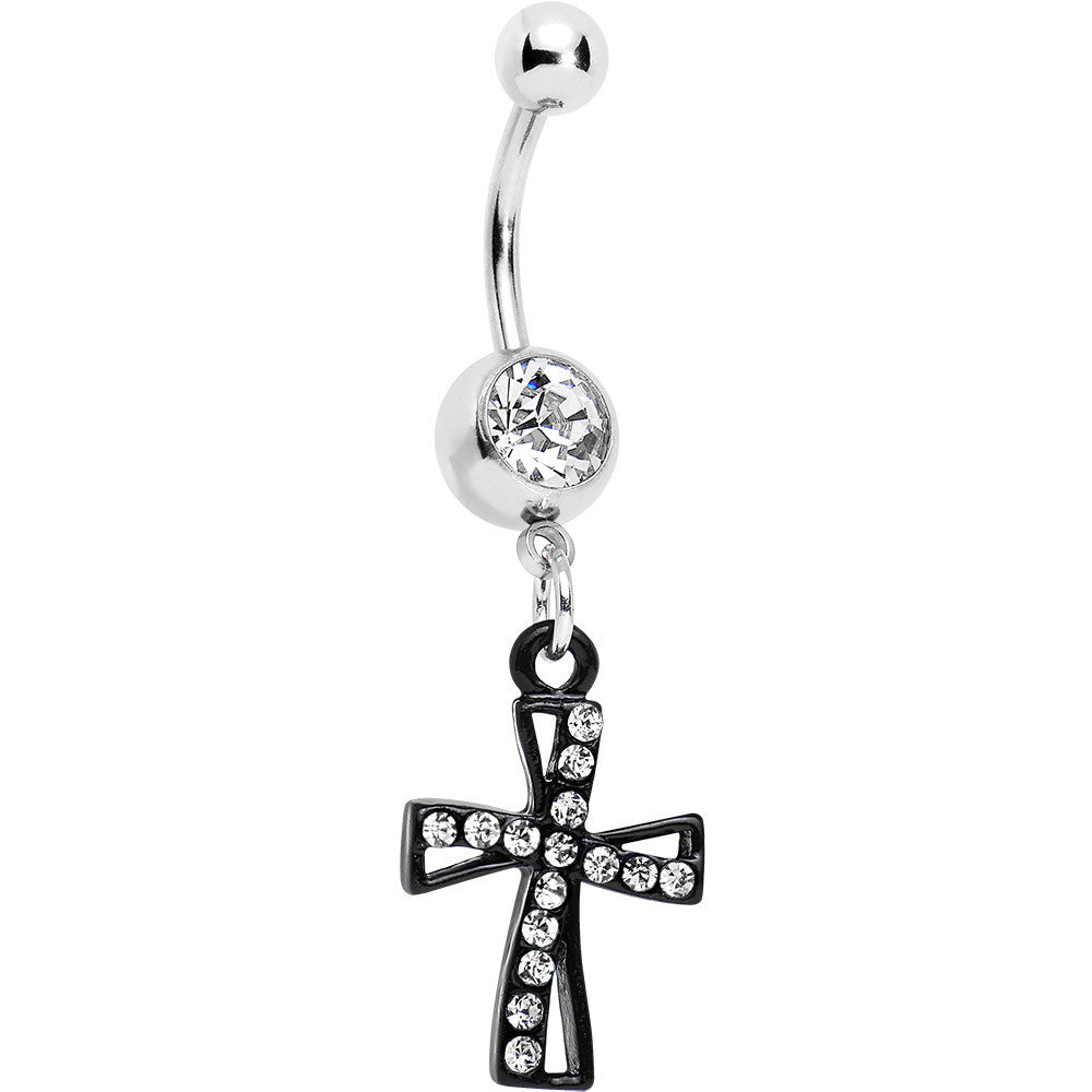 Clear Gem Black Cross Dangle Belly Ring